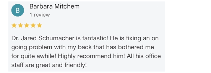A five-star Google review highlighting the doctor’s skill in addressing a persistent back issue and recommending the clinic for its friendly staff.
