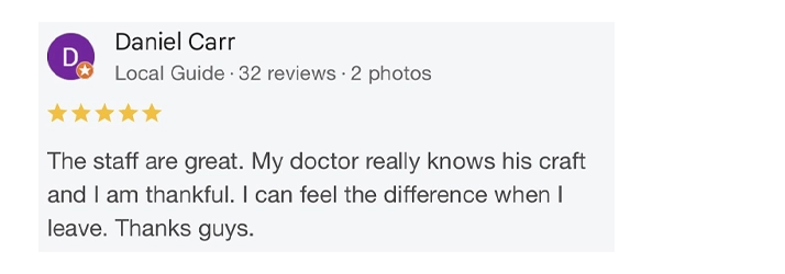 A five-star Google review praising the staff and doctor’s expertise, noting noticeable improvement after each visit.